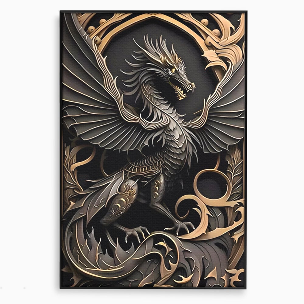 Tablou canvas cu ilustratie digitala cu dragon mitic, in rama de aluminiu negru